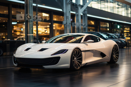 Low angle white modern and new design car at showroom generative AIの素材
