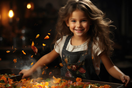 A little girl cutting and tossing vegetables and looking camera Generative AIの素材