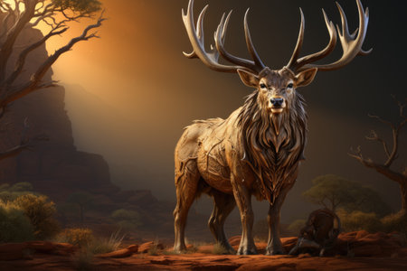 Glowing shiny golden color dreamy deer in desert Generative AIの素材