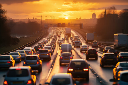 A picture of heavy traffic in blurry motion on road evening time Generative AIの素材