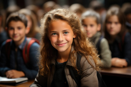 Little Student learning lesson during class looking camera Generative AIの素材