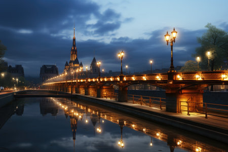 Brilliant City of oman bridge and river glowing lamps night view Generative AIの素材