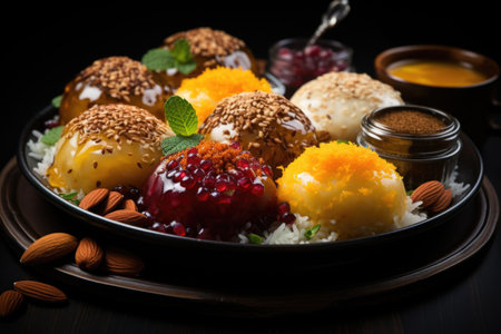 Delicious sweet piece with mint leaves and Almonds with rice in plate Generative AIの素材
