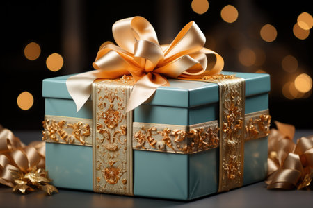 Christmas festival decoration with gift box with ribbon bokeh background Generative AIの素材