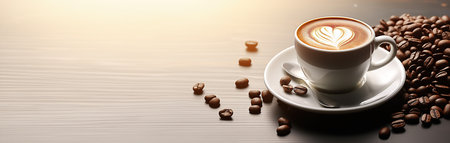 Coffee cup or tea with beans on table with copy space for text mockup Generative AIの素材