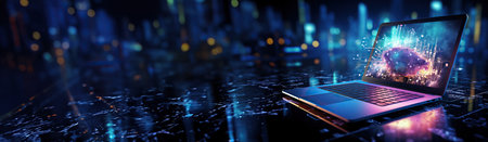 Laptop neon glowing rain view with copy space for text mockup Generative AIの素材