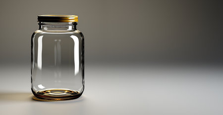 Empty glass jar white background with copy space for text mockup Generative AIの素材