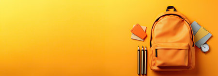 School bag with pencils yellow background with copy space for text mockup Generative AIの素材