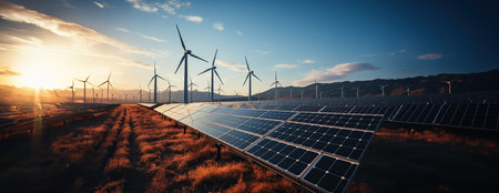 Solar electric system with wind fans with copy space for text mockup Generative AIの素材