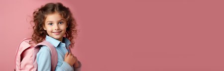 Little girl with bag on pink background with copy space for text mockup Generative AIの素材
