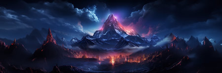 Mountain neon glowing or fire flames with copy space for text mockup Generative AIの素材