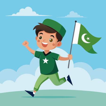 14th August of Independence Day of Pakistan, boy with Pakistan flag waving vector design cartoonのイラスト素材