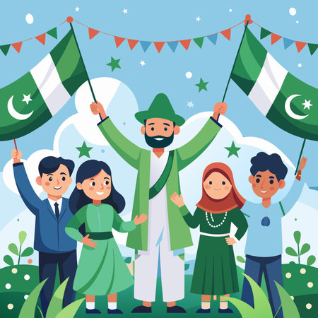 People holding pakistani flags, 14 August Pakistan Independence Day. Happy Pakistan Day. National Holiday Vector Illustration Post.のイラスト素材