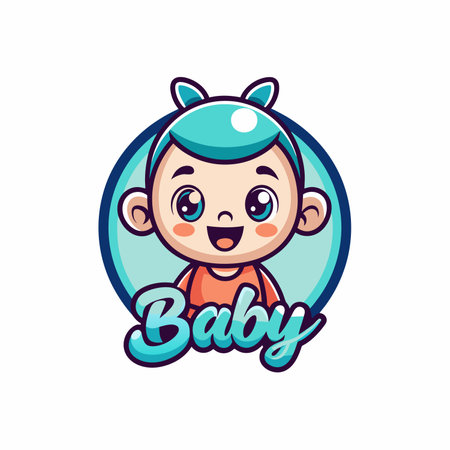 An adorable and cheerful baby mascot with sparkling eyes, wearing a teal cap, radiating pure innocence logo icon vector designのイラスト素材