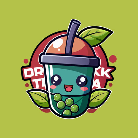 Bubble drink or bubble tea logo with leaf and text on green backgroundのイラスト素材