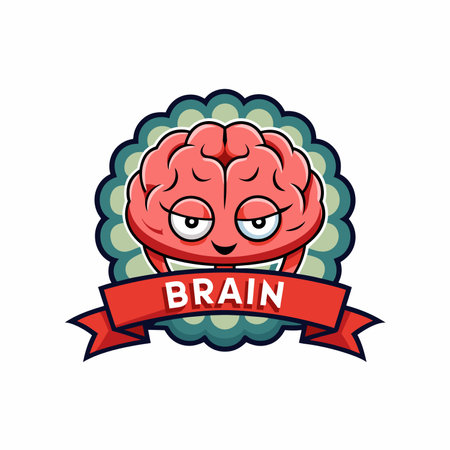 A playful and mischievous brain mascot with a red banner, smirking confidently with half closed eyes. logo icon vector illustrationのイラスト素材