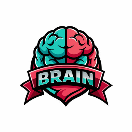 Brain mascot with a red banner, smirking confidently with brain text logo icon vector illustrationのイラスト素材