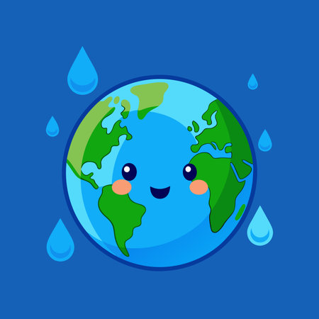 Earth cute face with water drops on blue background mascot logo design icon vector illustrationのイラスト素材