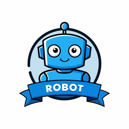 Blue robot with text robot badge design mascot logo design icon vector illustrationのイラスト素材