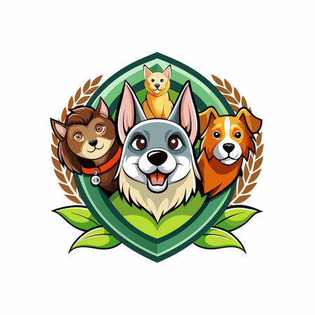 Animal pet like dog, cat or bird in shield frame floral design mascot logo icon vector illustrationのイラスト素材