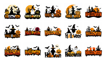 Halloween Themed Illustration with Ghost and Bat Silhouettes Accompanied by Spooky Text logo icon set collection vector designのイラスト素材