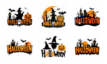 Ghost and Bat Silhouettes with Halloween Themed Text Effect logo icon vector on a Crisp White Backgroundのイラスト素材