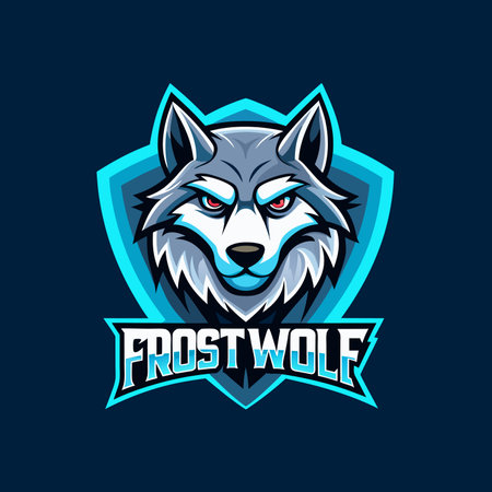 Wolf mascot logo icon vector design with text frost wolf badge style isolatedのイラスト素材