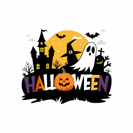 Halloween Night Haunted House and Bat Silhouette with Pumpkin Symbolのイラスト素材