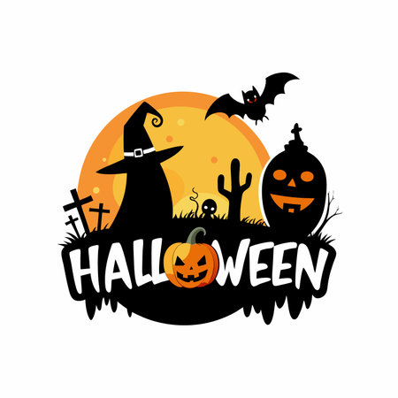 Horror Halloween Night Bat Silhouette with Haunted House and Pumpkin Symbolのイラスト素材