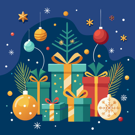 Christmas Day Gifts Ideas and Holiday Decorations Featuring Merry Christmas Typography Christmas Trees with ballsのイラスト素材