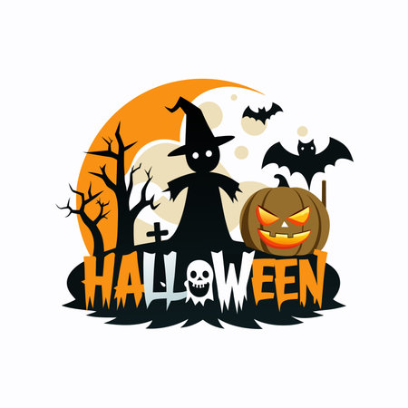 October Event Halloween with Spooky Graveyard and Bat Silhouette Iconのイラスト素材