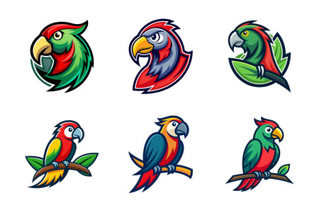 Cute and colorful parrot mascot logo set green parrot mascot logo icon collection vector illustrationのイラスト素材