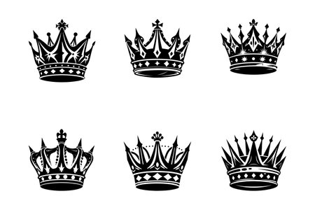 Vector Crown Set. Set of 6 Crown logo icons Illustrations. silhouette black color vector art illustrationのイラスト素材