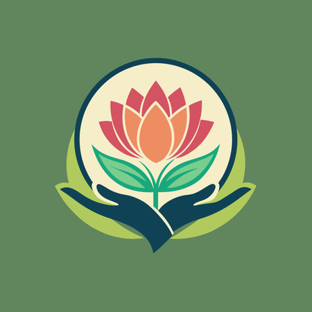 Flower with leaf logo template. Ecology flat Icon Illustration Brand Identity. hands holding logo, Isolated and flat vector illustrationのイラスト素材