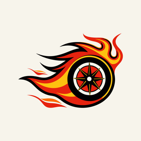 Car wheel tyre in speed with fire flames logo icon vectorのイラスト素材