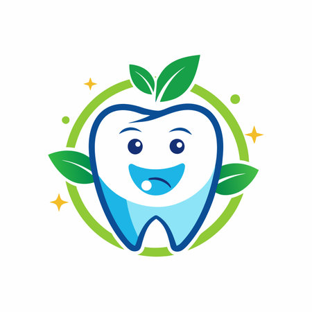 Dental happy logo template vector icon, realistic simple tooth cartoon with eco friendly conceptのイラスト素材