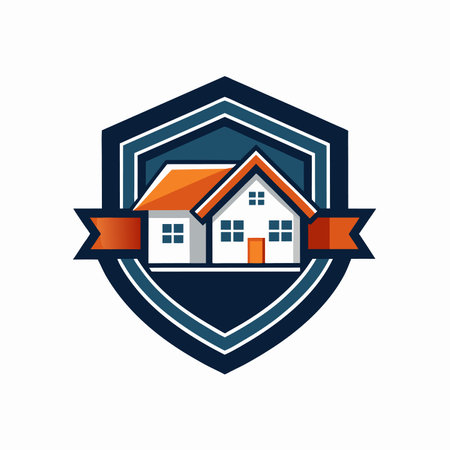 Residential School Protection Logo Showcasing a Modern House Inside a Shield Vector, Symbolizing Security and Safety icon badgeのイラスト素材