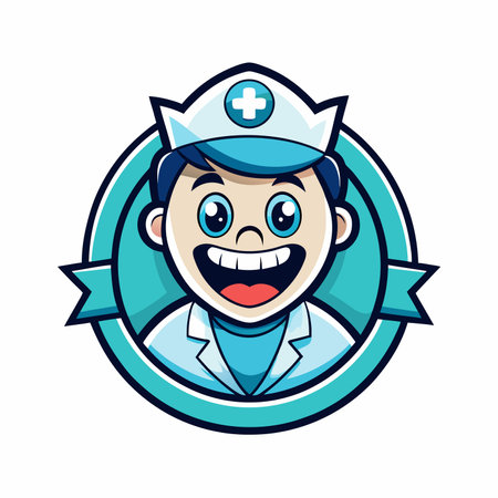 Cute little male doctor cartoon character, logo icon vector design looking at cameraのイラスト素材