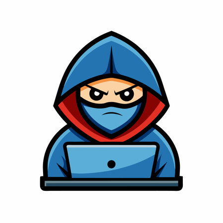 Hackers wear hoods to cover their faces. Use a laptop mascot logo icon vector illustration isolatedのイラスト素材