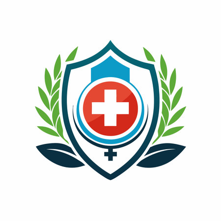 Medical Shield Icon Depicting a Central Cross Symbol Surrounded by Laurel Branches logo vector, Highlighting Health and Protection, badge designのイラスト素材