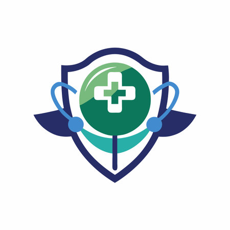 Medical Shield Icon Depicting a Central Cross Symbol Surrounded by Laurel Branches logo vector, Highlighting Health and Protection with stethoscopeのイラスト素材