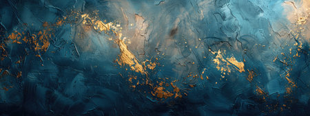 Bold and dynamic artwork displays deep blue tones contrasted with vibrant splashes of gold. The textured surface creates a visually stimulating effect, inviting contemplation and appreciation.の素材