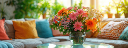 A vibrant bouquet featuring various flowers sits in a glass vase on a coffee table. Soft sunlight filters through the window, enhancing the cozy atmosphere of the comfortable living room.の素材