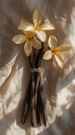 A pleasing arrangement of yellow blooms with delicate petals is tied together with twigs, set against soft, neutral fabric, capturing a serene and elegant moment.の素材
