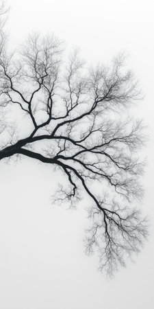 Bare tree branches reach out into a soft gray fog, creating a calm and serene atmosphere. The lack of leaves emphasizes the intricate patterns of the branches, highlighting winter beauty.の素材