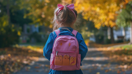 A young girl with a ponytail and a pink bow walks along a scenic path covered in vibrant autumn leaves. Her cheerful pink backpack adds a playful touch to the serene atmosphere.の素材