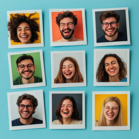 Nine close-up portraits showcase individuals laughing and smiling, creating a vibrant collage of happiness. Each subject displays unique characteristics and emotions.の素材