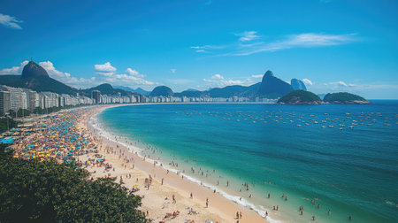 Sunny beach in Rio de Janeiro filled with people enjoying the water and sand. Colorful umbrellas dot the coastline against a backdrop of lush mountains and clear skies, reflecting a lively atmosphere.の素材