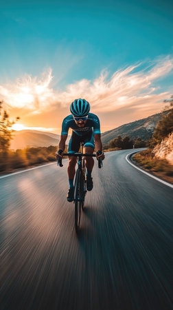A cyclist speeds along a winding road as the sun sets, casting a warm glow over the landscape. The sky displays shades of blue and orange, creating a stunning backdrop.の素材