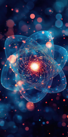 A captivating representation of an atom with a central glowing core, surrounded by swirling energy and bright colored particles, set against a dark blue background.の素材